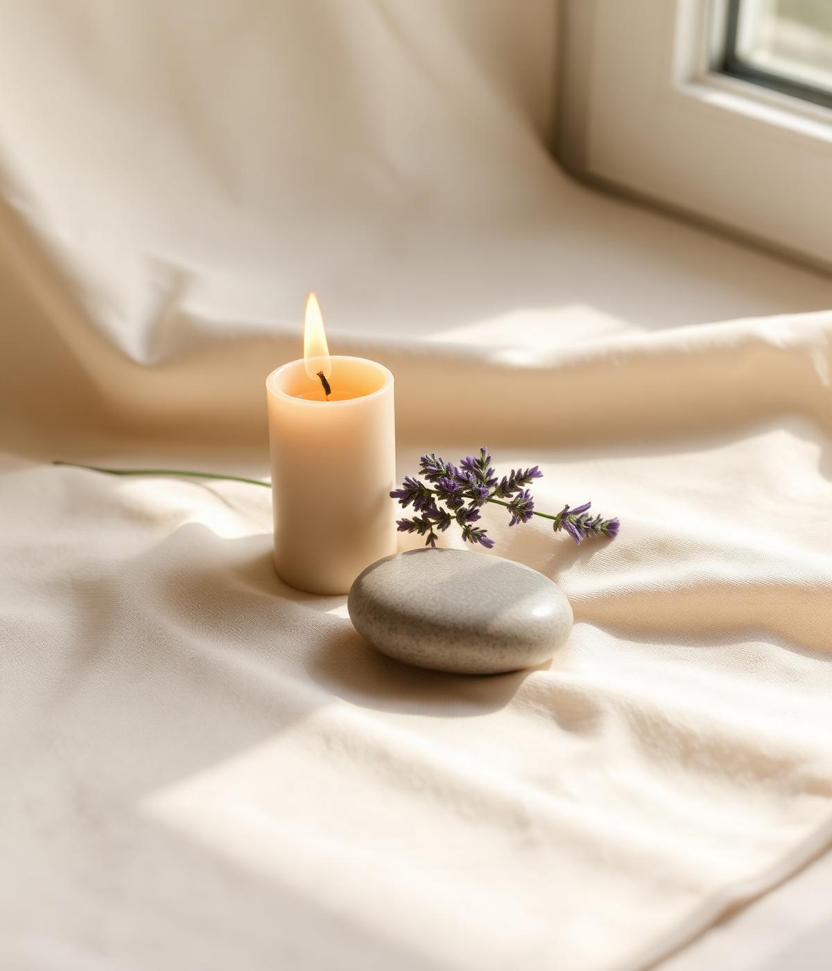 Single lit candle, lavender, and a smooth river stone on warm linen