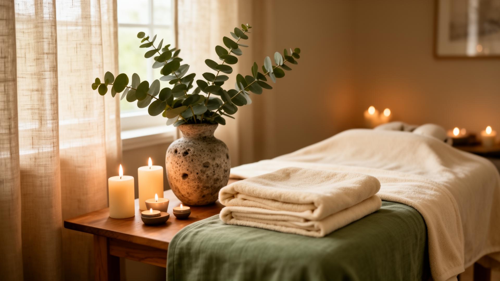 A peaceful candlelit treatment room with eucalyptus and cream linens