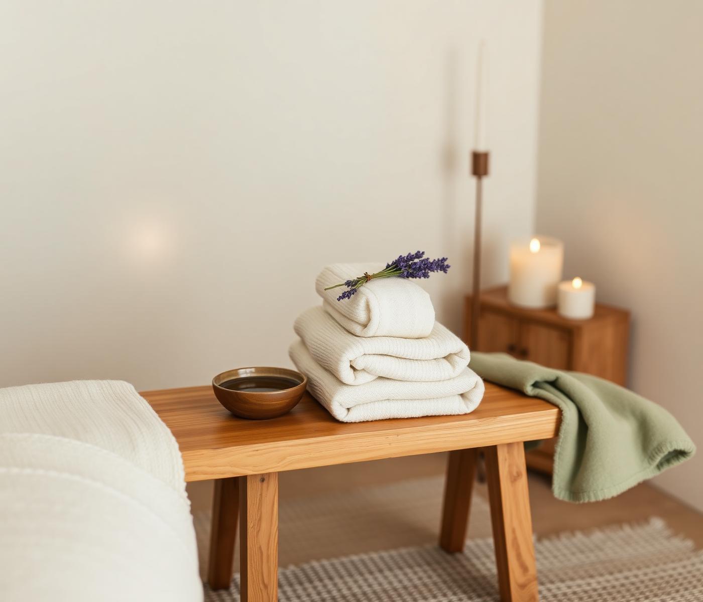 Folded cream linens, warm oil, and lavender by candlelight